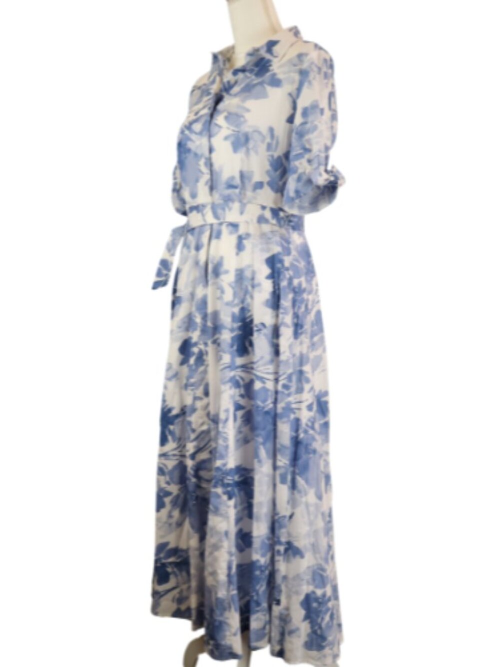 Calvin Klein Blue White Floral Shirt Dress V Neck Belted Dress Formal Size 6 - Picture 13 of 13